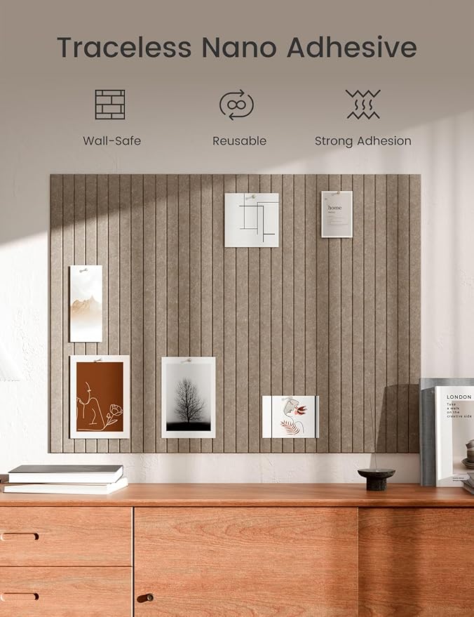 Bumusty Large Cork Board Alternative-47 x35 Felt Bulletin Board Tiles, with 30 Pushpins, 70 Adhesive Tabs, 12-Pack Slat Wall Paneling, Cork Boards for Office Push Pin Board Felt Board-Dark Camel