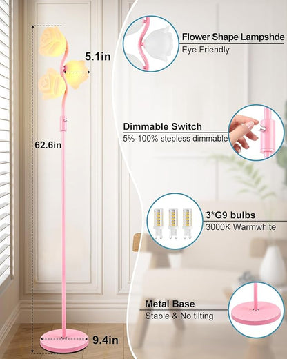 Dimmable Pink Floor Lamp, Unique Cute Flower Standing Lamps with 3 Globe Soft Warm White 3000K Bulbs, Mid Century Modern Floor Lamp for Living Room Bedroom Home Decor