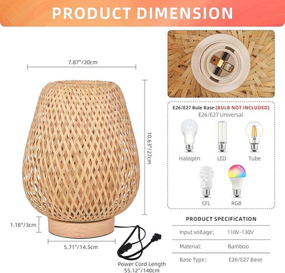 Bamboo Weaving Table Lamp with Handmade Natural Wooden Base, Eye-Caring Bedroom Bedside Night Light, Retro Desk Lamp Reading Light Home Decor, Unique Handicraft House Warmging Gift