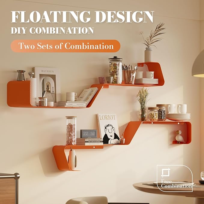 Floating Wall Shelves Set of 3, Metal Mounted Shelf with Unique Design, Bookshelf for Storage & Display in Bathroom, Bedroom, Kitchen, Living Room, Orange Home Decor