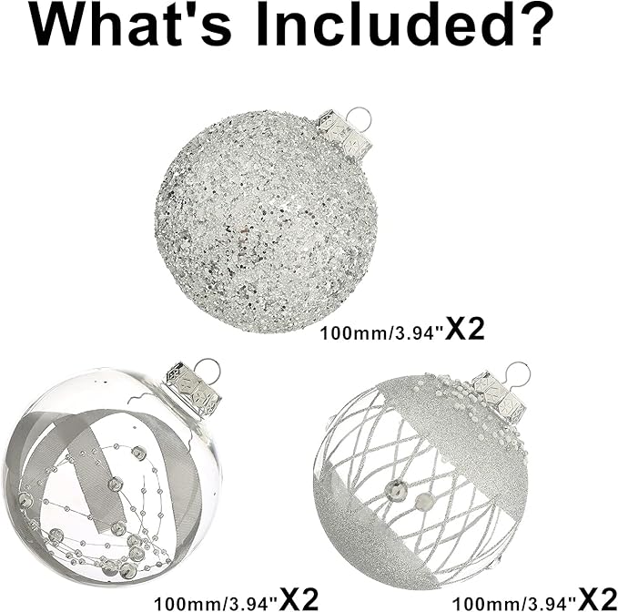 XmasExp Christmas Ball Ornaments Set, Shatterproof Christmastree Decorations,6ct Large Plastic Hanging Ornaments,100mm/4, Silver
