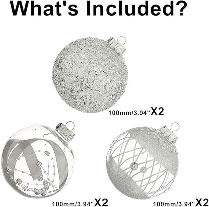 XmasExp Christmas Ball Ornaments Set, Shatterproof Christmastree Decorations,6ct Large Plastic Hanging Ornaments,100mm/4, Silver