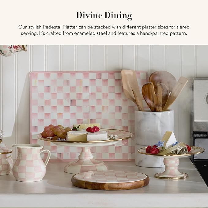 MACKENZIE-CHILDS Enamel Pedestal Platter, Round Cake Stand, Mini, Pink-and-White Rosy Check