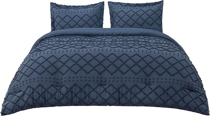 Bedsure Oversized Queen Comforter Set - Navy Blue Comforter, Boho Tufted Shabby Chic Bedding, 3 Pieces Vintage Farmhouse Bed Set for All Seasons, Fluffy Soft Bedding with 2 Pillow Shams
