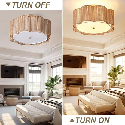 17.7" Rattan Flush Mount Ceiling Light, 3-Light Boho Close to Ceiling Light Fixtures, Rattan Bedroom Ceiling Light, Farmhouse Large Drum Chandelier for Dining Room, Kitchen, Hallway(Yellow)