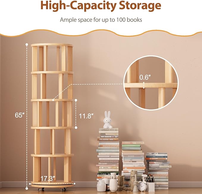 Solid Wood Rotating Bookshelf on Wheels, 5 Tier, Round Revolving Bookcase, 360° Spinning Book Shelf Tower for Kids, Narrow Rolling Bookshelves for Small Space, Corner, Bedroom, Office, Natural