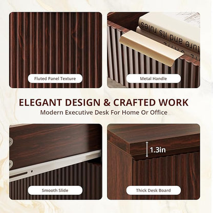 FURSUN 58" Fluted Modern Desk with Storage, Home Office Desk with 1 File Cabinet & 5 Drawers, Wood Executive Computer Writing Desk for Study, Living Room, Bedroom, Dark Walnut