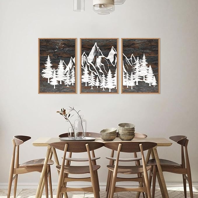 HOURIA Large Wilderness Rustic Mountain Forest Framed Wall Art Set,Retro Woodland Wall Decor,Nature Country Wooden Artwork,Brown White Pine Tree Landscape Art Print for Living Room,Bedroom- 16"x24"x3