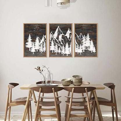 HOURIA Large Wilderness Rustic Mountain Forest Framed Wall Art Set,Retro Woodland Wall Decor,Nature Country Wooden Artwork,Brown White Pine Tree Landscape Art Print for Living Room,Bedroom- 16"x24"x3