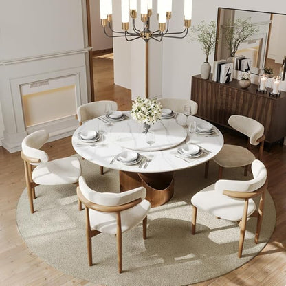 POVISON Round Dining Table with Lazy Susan, 59" Matte White Sintered Stone Top Dining Table with Bronze Carbon Steel Pedestal, Modern Dining Room Table for Kitchen, Living Room (Table Only)