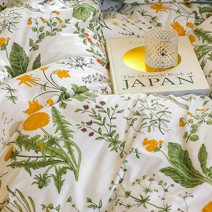 CLOTHKNOW Green Floral Full Size Comforter Sets 3Pcs Boho Bedding Comforter Sets Botanical Comforter with 2 x Pillow Cases