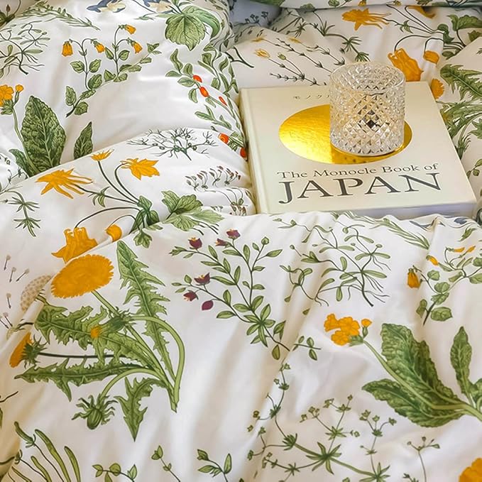 CLOTHKNOW Green White Floral King Size Comforter Set Boho Farmhouse Bedding Comforter Sets Flowers Comforter Botanical Comforter with 2 x Pillow Cases
