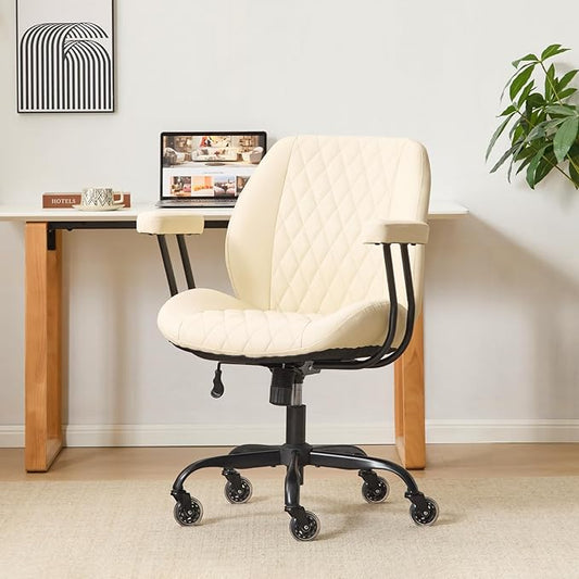 YFO Home Office Chair Office Rubber Casters Ergonomic Computer Chair with Lumbar Support Adjustable Height Rolling Swivel Executive Task Armrests Chair， Cream Leather