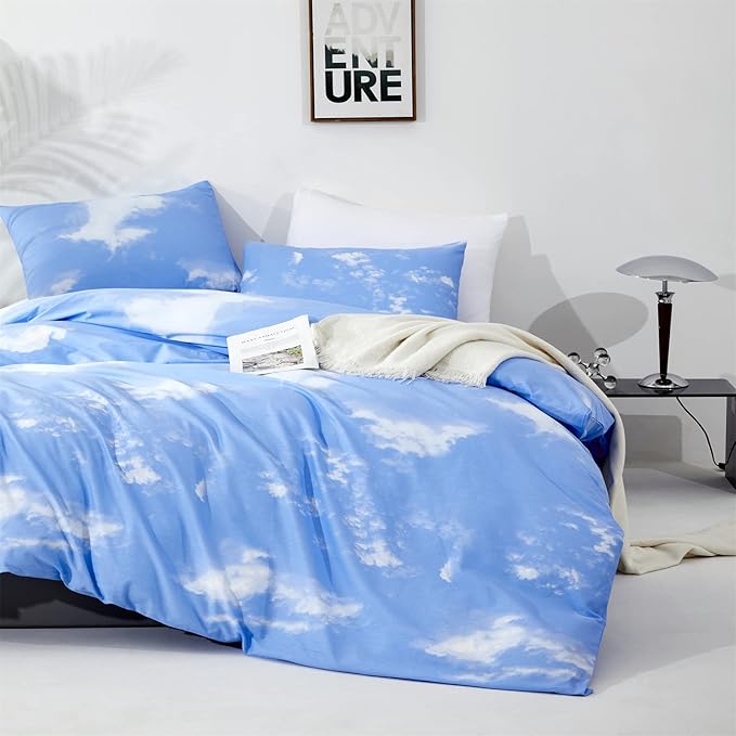 CLOTHKNOW Blue Sky 3Pcs Bedding Set - Twin Comforter Set with 2 Pillowcases, Cotton Microfiber, Cloud Design, Unisex, All Seasons, Machine Wash
