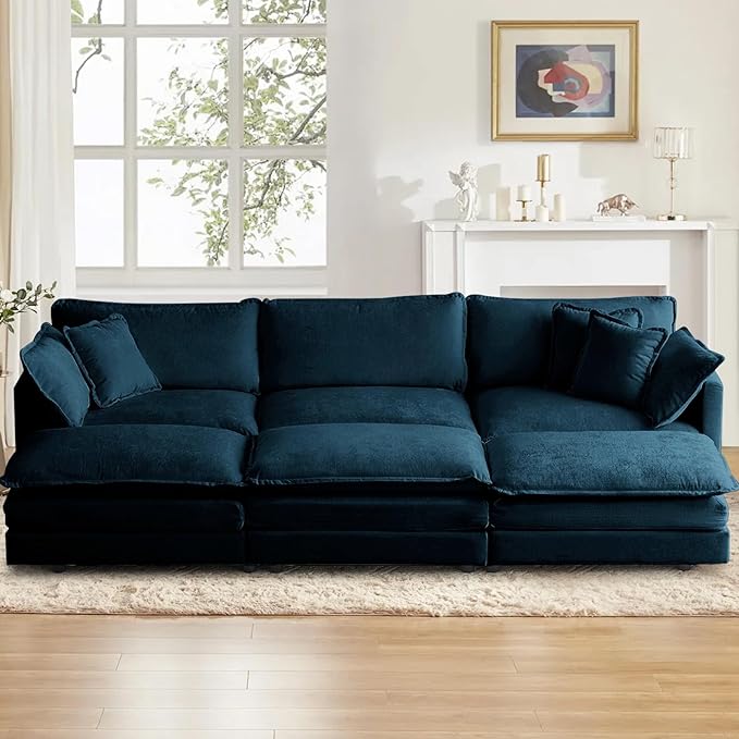 SoarFlash Chenille Sectional Sofa, Comfy Modular Coush Sofa with Ottoman, Modern 3 Seat Recliner Deep Seat Sofa Set for Living Room,Deep Blue