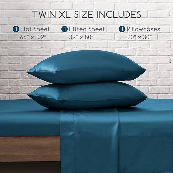 MR&HM Satin Bed Sheets, Twin XL Size Sheets Set, 3 Pcs Silky Bedding Set with 15 Inches Deep Pocket for Mattress (Twin XL, Teal)