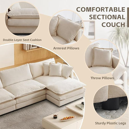 SoarFlash Chenille Sectional Sofa, Comfy L Shaped Modular Coush Sofa with Ottoman, Modern 3 Seat Couch Deep Seat Sofa Set for Living Room,Light Coffee