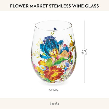 MACKENZIE-CHILDS Stemless Wine Glasses, Decorative Wine Glasses, 16 Ounces, Set of 4, Flower Market
