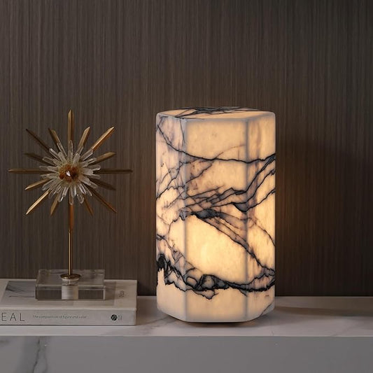 Handcrafted Real Marble Table Lamp, Stone Lamp with Tri-Color Dimmable LED, Bedside Lamp, Small Table Lamp for Home Decor, Table Lamp for Bedroom Living Room, Hexagon
