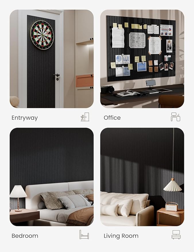 Bumusty Large Cork Board Alternative-47 x35 Felt Bulletin Board Tiles, with 30 Pushpins, 70 Adhesive Tabs, 12-Pack Slat Wall Paneling, Cork Boards for Office Push Pin Board Felt Board-Black