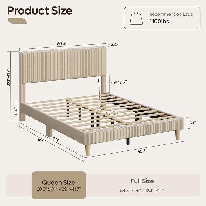 Bestier Queen Bed Frame with Adjustable Headboard, LED Lighting, Vertical Channel Tufted Corduroy Upholstered, Solid Wooden Slats Support, No Box Spring Needed, Never Squeaks, Easy Assembly, Taupe