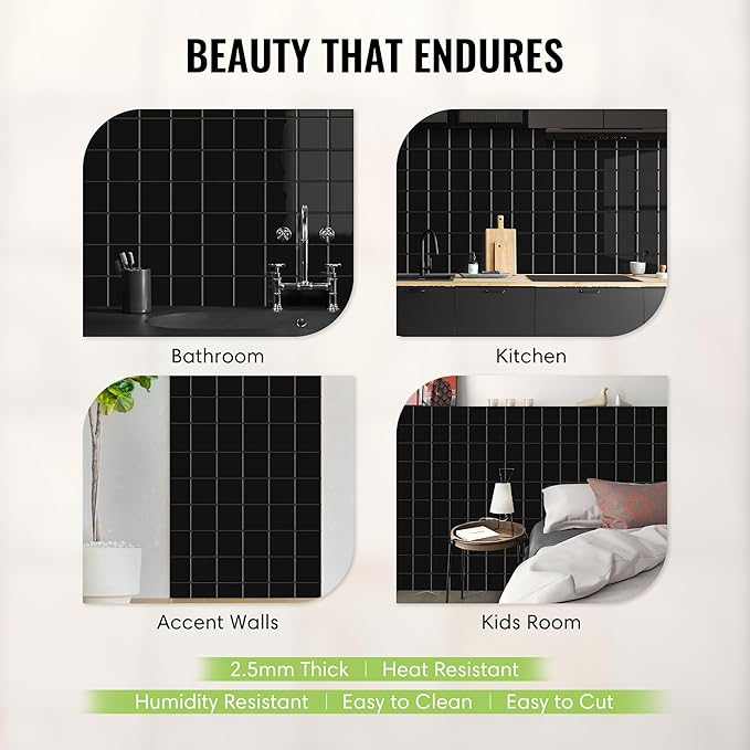 5 Pack Peel and Stick Backsplash Square Tiles, Extra Thick 3D Wall Panels, Heat & Water Resistant, Easy DIY Kitchen, Bathroom, Laundry, Fireplace & Rental Home Wall Décor (12 x 12 in), Black