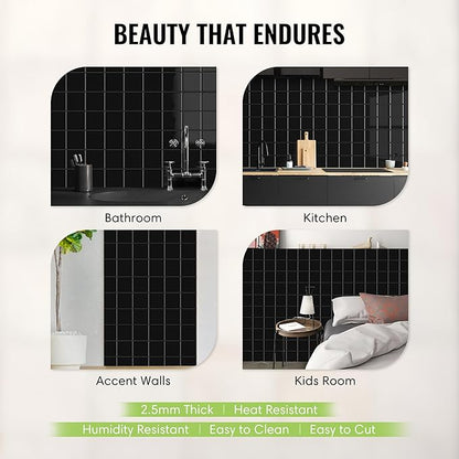 5 Pack Peel and Stick Backsplash Square Tiles, Extra Thick 3D Wall Panels, Heat & Water Resistant, Easy DIY Kitchen, Bathroom, Laundry, Fireplace & Rental Home Wall Décor (12 x 12 in), Black