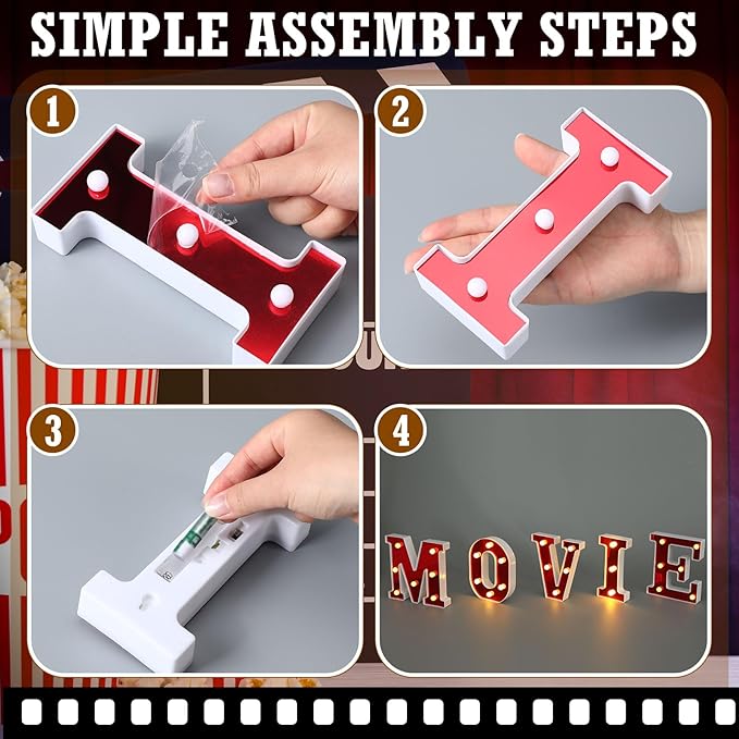 Movie Night Light up Letters Sign Party Decor Battery Powered Marquee Lighted Sign Alphabet LED Letter Lights for Xmas Movie Night Theme Party Birthday Home Tabletop Decor Supplies Xmas Gift