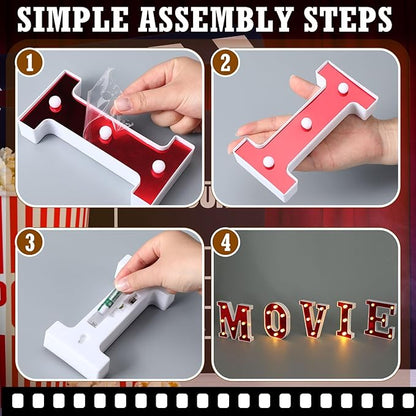 Movie Night Light up Letters Sign Party Decor Battery Powered Marquee Lighted Sign Alphabet LED Letter Lights for Xmas Movie Night Theme Party Birthday Home Tabletop Decor Supplies Xmas Gift