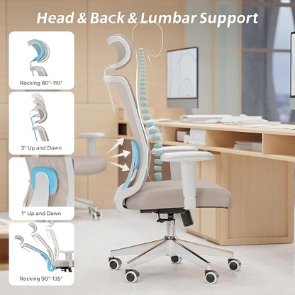 Ergonomic Office Chair with Adjustable Lumbar Support & Flip-Up Armrests - High Back Desk Chair with Thickened Seat Cushion, Rolling Wheels for Home/Office Study Work (05khaki)