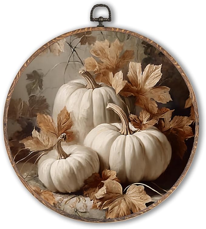 Hxlac Vintage Fall Pumpkin Maple Leaves Round Wall Art Framed, Fall Halloween Round Wall Decor, Vintage Autumn Hanging Canvas Prints Wall Sculptures for Farmhouse Home Living Room Decor, 10x10 Inch