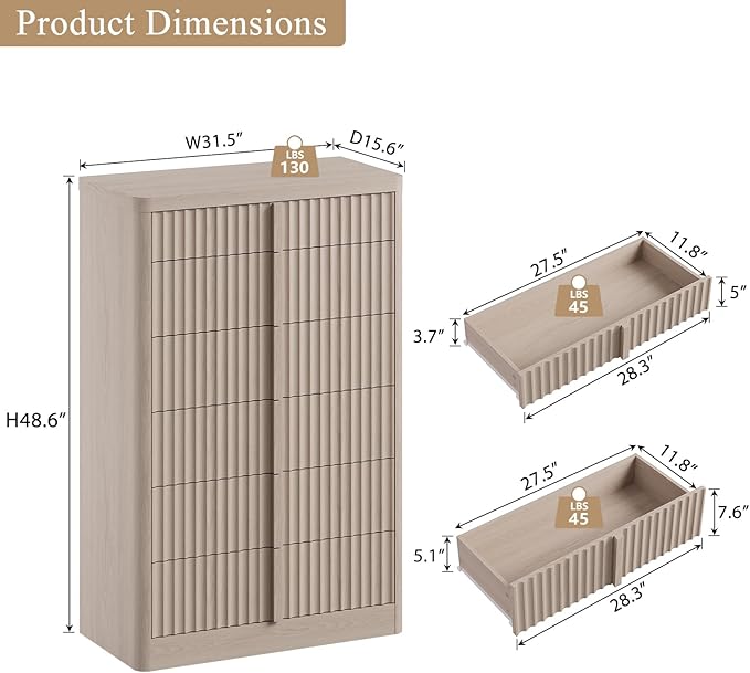 Fluted Dresser for Bedroom, 48" Tall 6 Drawer Dresser, Modern Chest of Drawers with Solid Wood Handle, Curved Profile Design, Wood Dressers Storage Organizer,Bedroom, Living Room, Hallway, White Alder