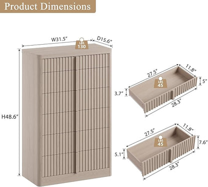 Fluted Dresser for Bedroom, 48" Tall 6 Drawer Dresser, Modern Chest of Drawers with Solid Wood Handle, Curved Profile Design, Wood Dressers Storage Organizer,Bedroom, Living Room, Hallway, White Alder