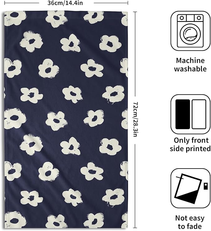 Modern Style Kitchen Towels Navy Blue Geometrical Stripe Set of 2 Quick Dry Microfiber Flower Pattern for Home Kitchen
