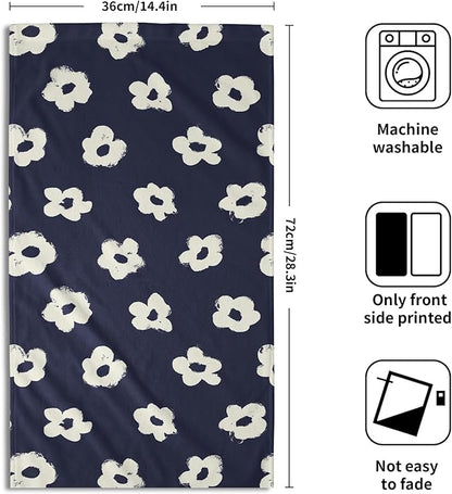 Modern Style Kitchen Towels Navy Blue Geometrical Stripe Set of 2 Quick Dry Microfiber Flower Pattern for Home Kitchen