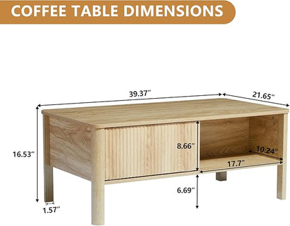 Mid-Century Modern Rectangular Wood Coffee Table with Dual Storage Shelf, Storage Center Coffee Tables with Waveform Panel Sliding Door for Living Room Apartment(Natural)