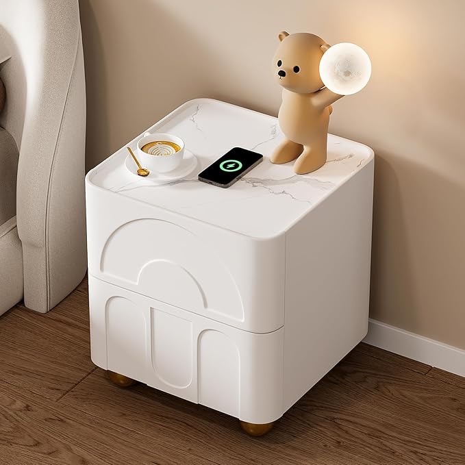 homary Modern White Nightstand with 2 Drawers, Wireless Charging and Sintered Stone Top, Smart Bedside Table for Bedroom Living Room