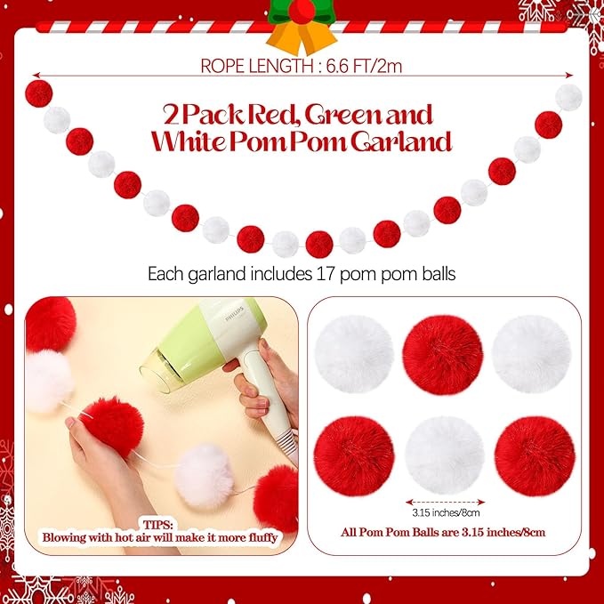 2 Pack Large Pom Poms Garland Hanging Decorations Colorful Soft Faux Rabbit Fur Ball Garland for Easter Xmas Holiday Wedding Baby Shower Birthday Party Supplies(Red White,3.15 Inch)