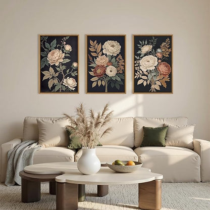 HOURIA Large Moody Dark Flower Framed Canvas Wall Art,Retro Beige Red Peony Wall Decor,Vintage Textured Blossom Botanical Artwork,Natural Wildflower Art Print for Living Room,Bedroom,Office-16 x24 x3