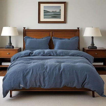 Simple&Opulence 100% Linen Duvet Cover Set, 3 PCS Classic Blue Duvet Cover King Size, Breathable Soft Comfy Linen Bedding Comforter Cover with 2 Pillowcases(Classic Blue, 104"x92")