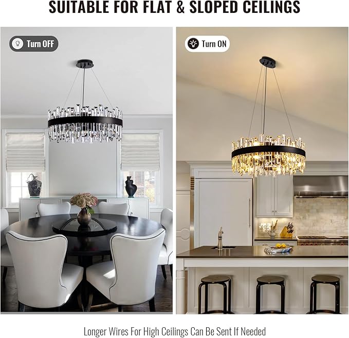 Siljoy 23.6'' Modern Crystal Chandelier, Luxury 2-Tiers Raindrop K9 Crystal Adjustable Flush Mount Hanging Ceiling Light for Dining Living Room Kitchen Entryway Foyer, E12 x 12, Matte Black