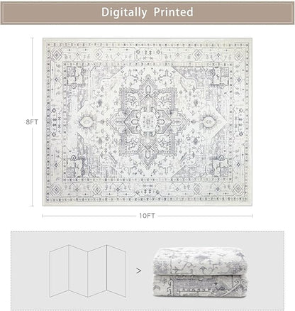 Area Rug 8x10 Washable Area Rugs for Living Room,Bedroom, Dining Room- Ultra Soft Non-Shedding Faux Wool Retro Rugs,Large Vintage Carpets with Non Slip Rubber Backing for Farmhouse Home Office