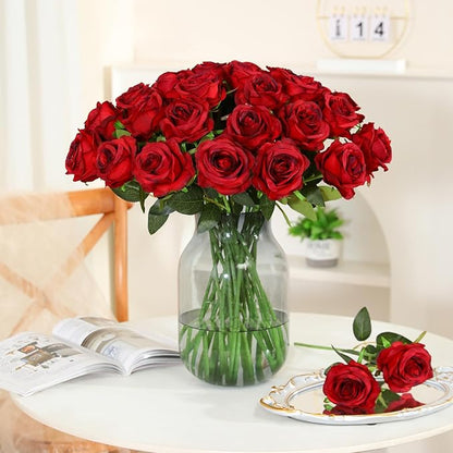 Nubry 50pcs Artificial Silk Roses Bulk,Fake Roses Flower with Stems Realistic Flowers for Wedding Centerpiece Home Party Decor(Burgundy)