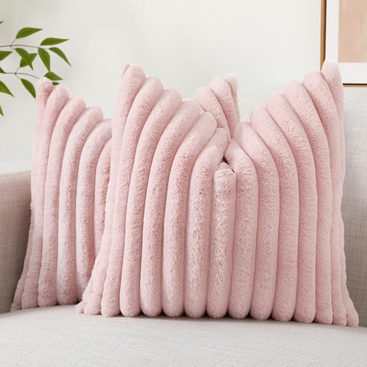decorUhome Faux Fur Throw Pillow Covers 16x16 Set of 2, Decorative Soft Plush Striped Neutral Euro Pillow Covers with Velvet Back for Bed, Living Room Home Decor, Pink
