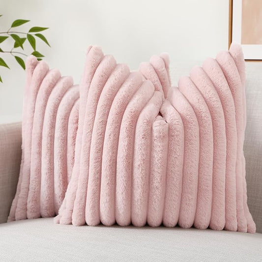 decorUhome Faux Fur Throw Pillow Covers 18x18 Set of 2, Decorative Soft Plush Striped Neutral Euro Pillow Covers with Velvet Back for Bed, Living Room Home Decor, Pink