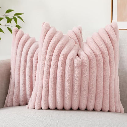 decorUhome Faux Fur Throw Pillow Covers 22x22 Set of 2, Decorative Soft Plush Striped Neutral Euro Pillow Covers with Velvet Back for Bed, Living Room Home Decor, Pink