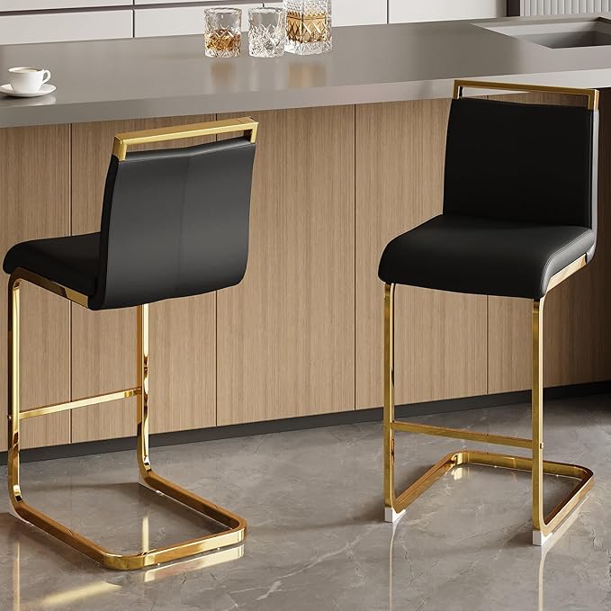 Counter Height Bar Stools Set of 2,Bar Stools with Back,25" Black Island Chairs with Gold Chrome Plated Metal Leg,Faux Leather Barstools for Pub Kitchen Counter Dining Chair