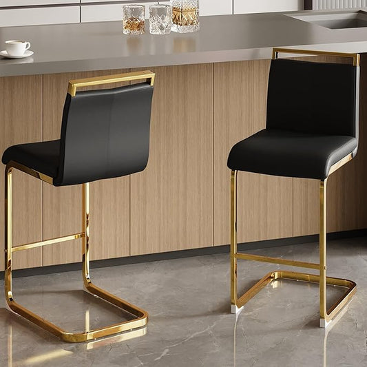 Counter Height Bar Stools Set of 2,Bar Stools with Back,25" Black Island Chairs with Gold Chrome Plated Metal Leg,Faux Leather Barstools for Pub Kitchen Counter Dining Chair