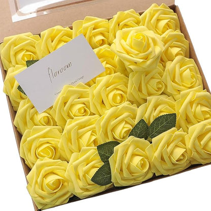 Floroom Artificial Flowers 25pcs Real Looking Canary Yellow Foam Fake Roses with Stems for DIY Wedding Bouquets Baby Shower Centerpieces Floral Arrangements Party Tables Home Decorations