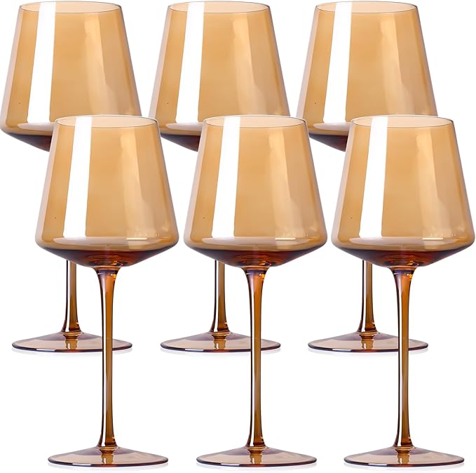 Physkoa Amber Wine Glasses Set of 6-16oz Hand-Blown Amber Wine Glass with Long Stem Unique Red&White Wine Glasses For Party Home Bar Christmas